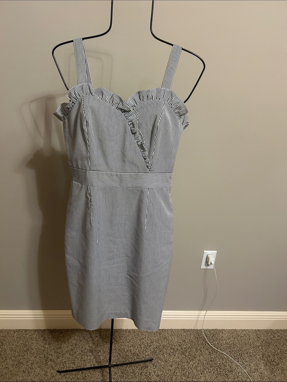Daniel Cremieux Blue and White Pinstripe Ruffle Sheath Dress